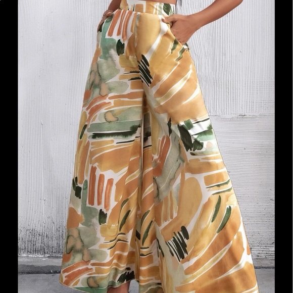 Boho High Waist Rise Water Color Wide Leg Palazzo Pants - Picture 6 of 8